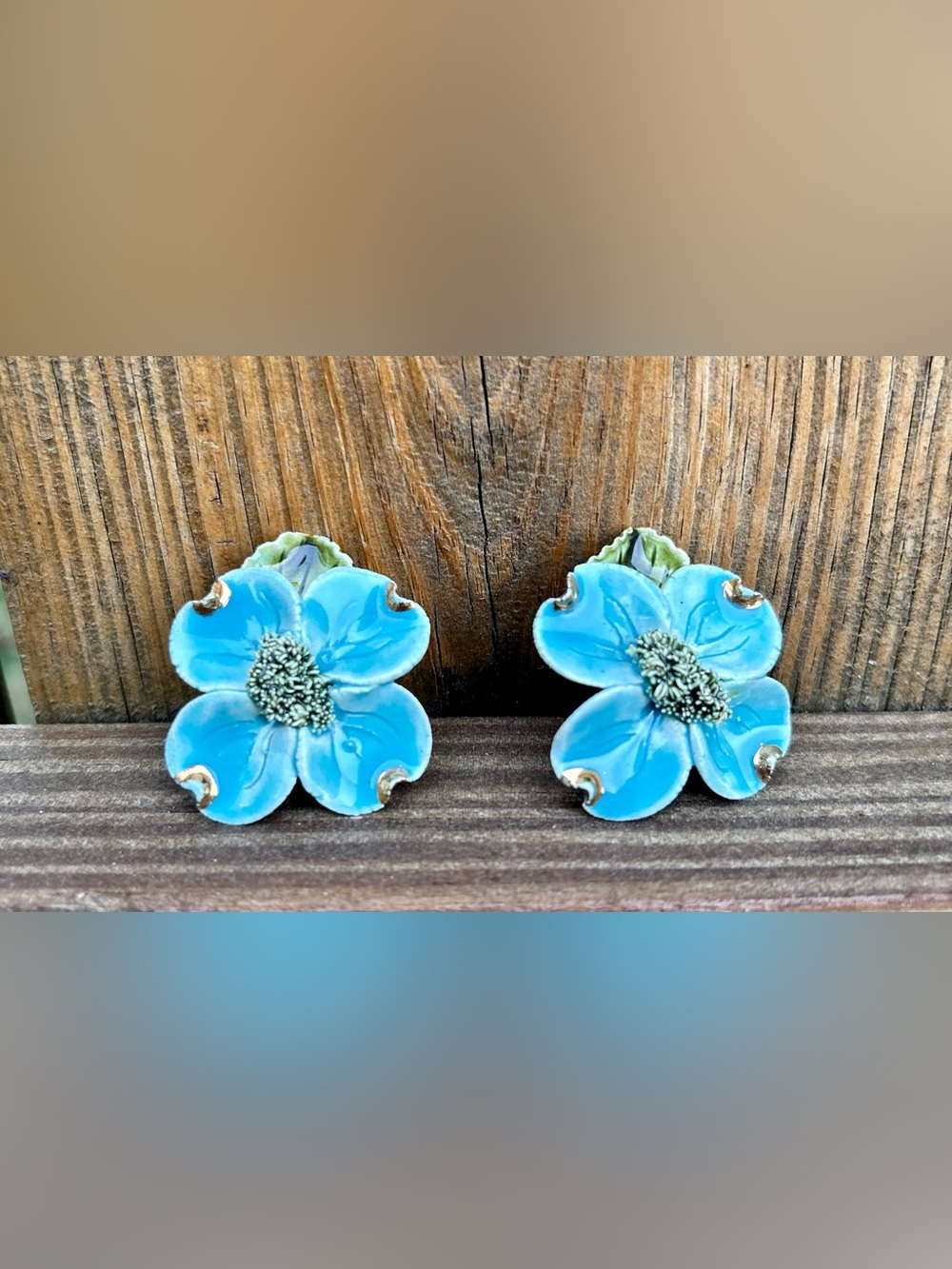 1960s blue enamel Dogwood Screw Back Earrings